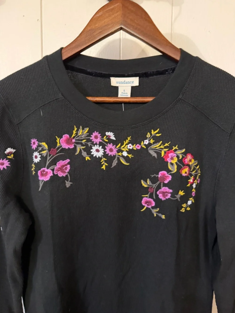 Sundance Black Long Sleeve Tee with Pink & Yellow Floral Embroidery - Picture 4 of 10
